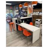Corian Desk, Front counter, filing cabinet built in, 3 orange chairs, one barstool