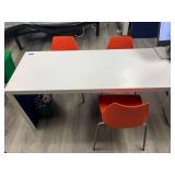 Corian Desk, Front counter, filing cabinet built in, 3 orange chairs, one barstool