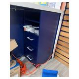 Corian Desk, Front counter, filing cabinet built in, 3 orange chairs, one barstool