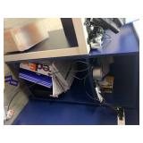 Corian Desk, Front counter, filing cabinet built in, 3 orange chairs, one barstool