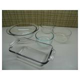 4 glass mixing bowls, 1 loaf pan; 2...