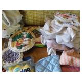 box of kitchen linens, towels, wash...
