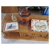Carved wood urn, metal tray framed ...