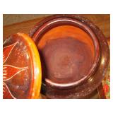 Carved wood urn, metal tray framed ...