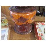 Carved wood urn, metal tray framed ...