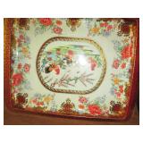 Carved wood urn, metal tray framed ...