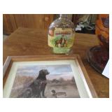 Carved wood urn, metal tray framed ...