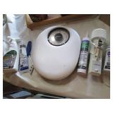 random bin w/bathroom scale, sealer...