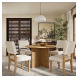 5-Piece Round Natural Wood Top Dining Set with 4 Upholstered Chairs, Nail Head Trim