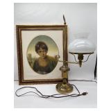 Brass Table Lamps and Small Matted and Framed Print