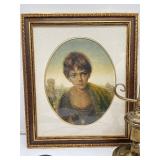 Brass Table Lamps and Small Matted and Framed Print