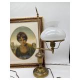 Brass Table Lamps and Small Matted and Framed Print
