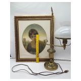 Brass Table Lamps and Small Matted and Framed Print
