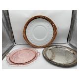 Wicker Basket and Platters, Pink Depression Glass, Milk Glass and Silver Plate