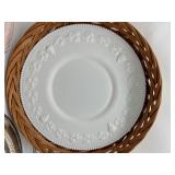 Wicker Basket and Platters, Pink Depression Glass, Milk Glass and Silver Plate