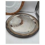 Wicker Basket and Platters, Pink Depression Glass, Milk Glass and Silver Plate