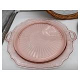 Wicker Basket and Platters, Pink Depression Glass, Milk Glass and Silver Plate