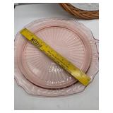 Wicker Basket and Platters, Pink Depression Glass, Milk Glass and Silver Plate
