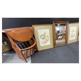 Side Table, Mirror and 2 Vintage Pictures