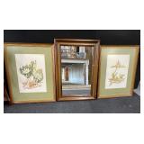 Side Table, Mirror and 2 Vintage Pictures