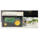 Metal John Deere Model 70 Toy Tractor and 4 John Deer Mugs