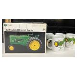 Metal John Deere Model 70 Toy Tractor and 4 John Deer Mugs