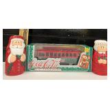Coca Cola Die Cast Metal Bank Train with Santa NIB and Mr. & Mrs. Clause Candles