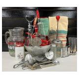 Red & White Vintage Kitchen LOT Pitcher, Tablecloth, Ricer, Chopper