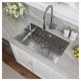 HOROW 32 in. 16-Gauge Undermount Single Bowl Stainless Steel Kitchen Sink with Bottom Grid, Basket Strainer, Cutout Template   Customer Returns See Pictures