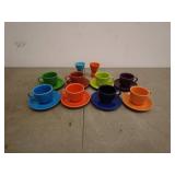 Colorful Ceramic Teacup and Saucer Set with Matching Egg Cups