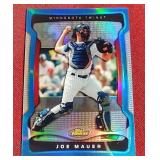 2009 Topps Finest Joe Mauer Blue Refractor Card - #d/399