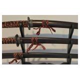 Trio of Decorative Chinese Swords with Wooden Display Rack
