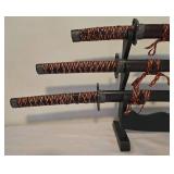 Trio of Decorative Chinese Swords with Wooden Display Rack