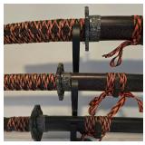 Trio of Decorative Chinese Swords with Wooden Display Rack