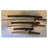 Trio of Decorative Chinese Swords with Wooden Display Rack