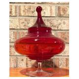 MCM Vintage Empoli Italian Glass 10.5" Ruby Red Footed Circus Tent Candy Jar