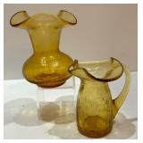 Two Petite Amber Crackle Glass Vases