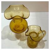 Two Petite Amber Crackle Glass Vases