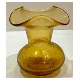 Two Petite Amber Crackle Glass Vases