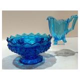Fenton Colonial Blue Hobnail Pedestal Candle Holder Bowl and Creamer Pitcher