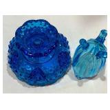 Fenton Colonial Blue Hobnail Pedestal Candle Holder Bowl and Creamer Pitcher