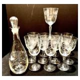 Set of Gorgeous Etched Wine Glasses and Decanter