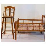 Vintage Wood Doll Bed and Highchair