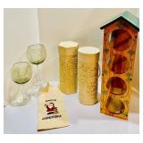 Whimsical Wine Lot, Birdhouse Wine Rack, Smoked Wine Glasses and Gift Boxes