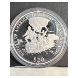 2000 $20 DISCOVERY OF AMERICA LIBERIAN SILVER ROUND IN AIRTITE