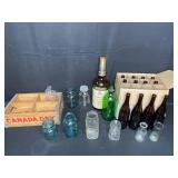 Vintage Canada Dry Wooden Crate with Assorted Glass Bottles and Jars