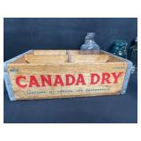 Vintage Canada Dry Wooden Crate with Assorted Glass Bottles and Jars