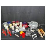 Large Assortment of Kitchen Utensils, Cartoon Cups, and Breville Electric Appliance