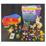 Lot of Assorted Toys and Figures - Zip Track, Lion King Bag, and More