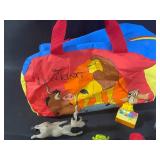 Lot of Assorted Toys and Figures - Zip Track, Lion King Bag, and More